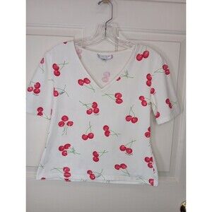 St. John Sport T-Shirt Small Cream Cropped V-Neck Very Cherry Short Sleeves EUC
